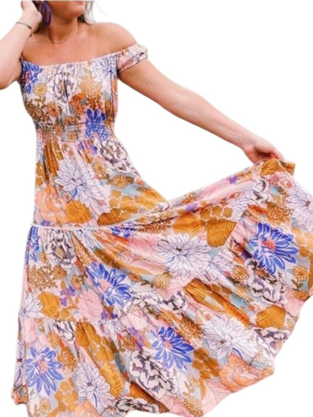 Abel The Label Floral Off-Shoulder Tiered Maxi Dress Size M